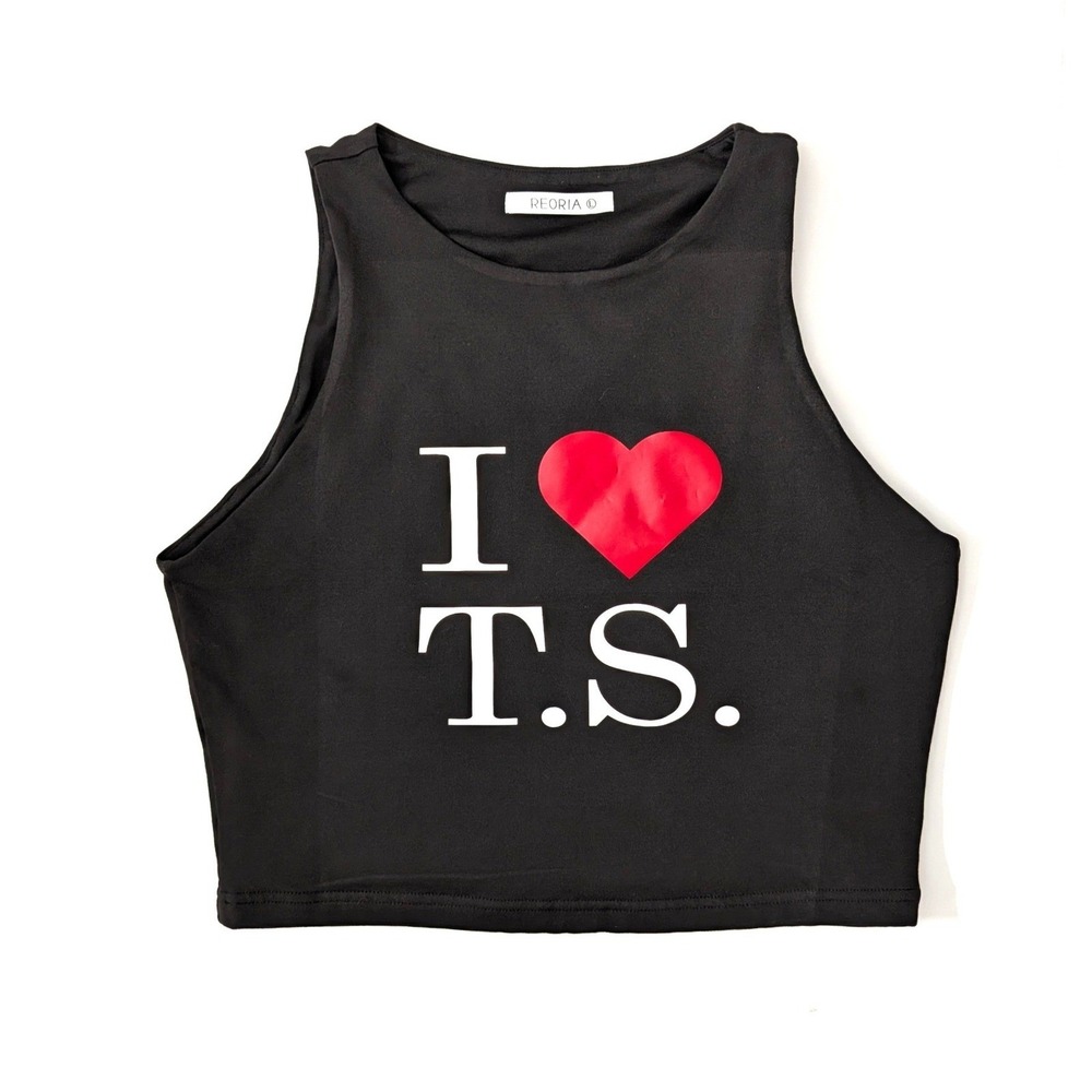 REORIA I Heart T.S. Crop Top Taylor Swift  Shirt Black Tank Swiftie Size Large